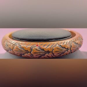Carved Brown Leaf Motif Bangle Bracelet Wide Resin Plastic Chunky Jewelry Boho